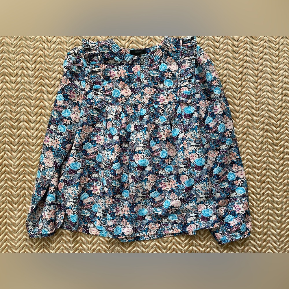 J. Crew Ruffle-Front Top In Paisley Floral Black Multi Size Small